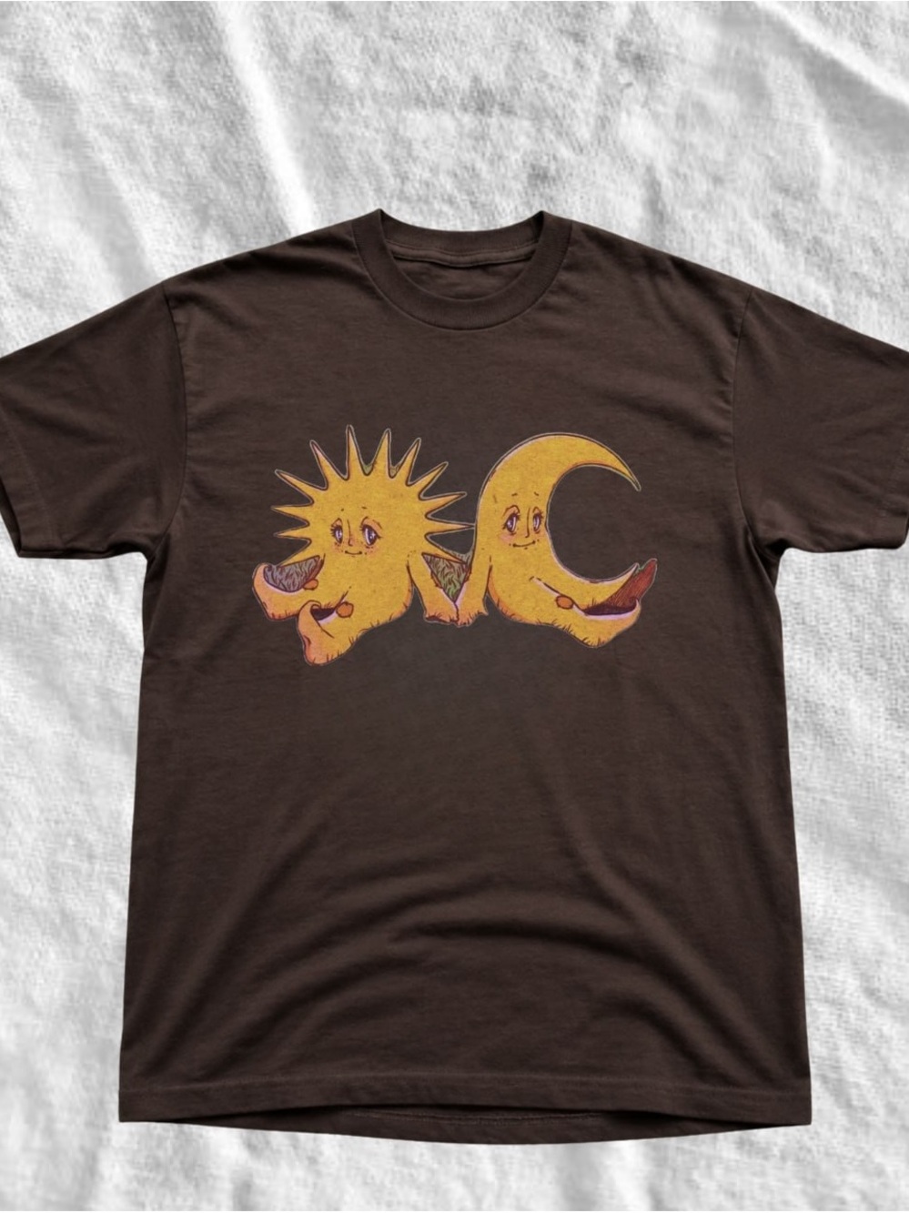 Gildan Brown Tee with Yellow Sun and Moon Graphic - Picture 2 of 2